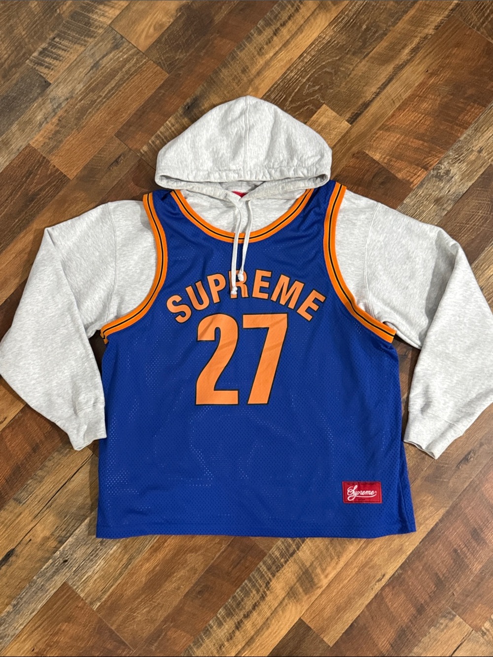 🔥 Supreme Basketball Jersey Hooded Sweatshirt Ash Grey/NY Knicks Blue Size Large